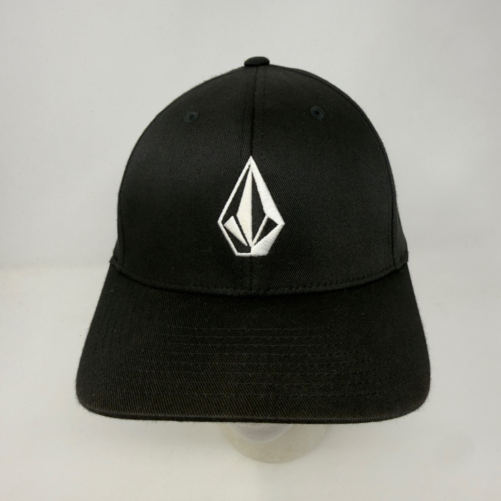 Volcom Mens Flexfit Hat Black White Stone Logo Embroidered Cap Size S-M